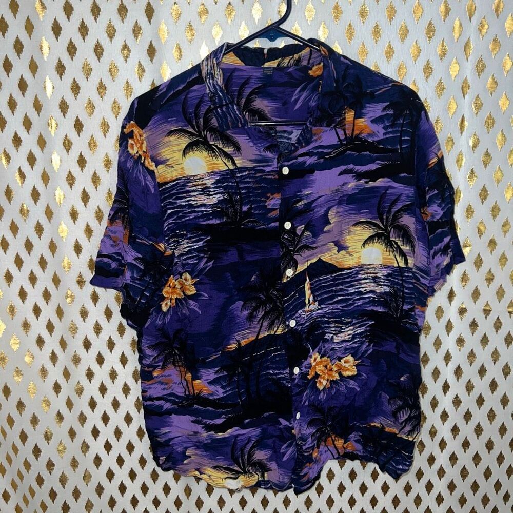Men’s Hawaiian shirt purple sunset vacation button up casual size L